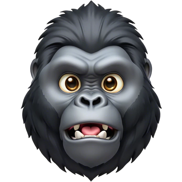 Cinematic Comical mountain Gorilla Portrait Emoji, Head tilted dramatically with an exaggeratedly shocked expression, featuring a stately black and grey mane and wide, comically expressive eyes full of humorous disbelief, Simplified yet hilariously expressive features, highly detailed, glowing with a slightly sassy jungle glow, high shine, dramatic yet playful, stylized with an air of quirky primate attitude, soft glowing outline, capturing the essence of a meme-worthy mountain that appears ready to side-eye its way into viral fame! emoji