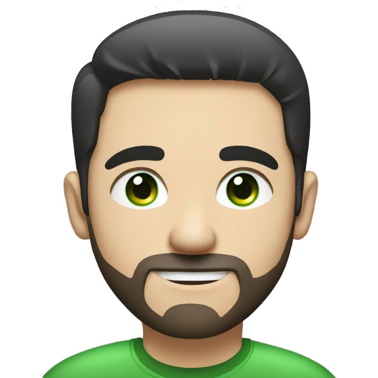 Handsome man with dark hair, with a keyboard computer on the image, gradient short hair on the side, green eyes. Thin face. Black t-shirt. A little beard. emoji
