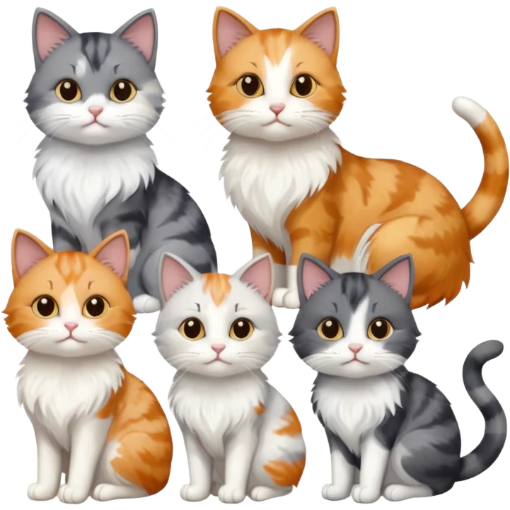 6 realistic looking cats with different natural coloured coats, assorted grey and white, greys, calicos etc
 emoji