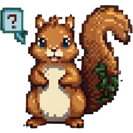 Pixel art squirrel with confused expression and question marks emoji