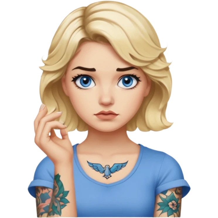 Blonde woman with short wavy hair, blue eyes with dark lashes, tattoo on arm, disapproving look emoji