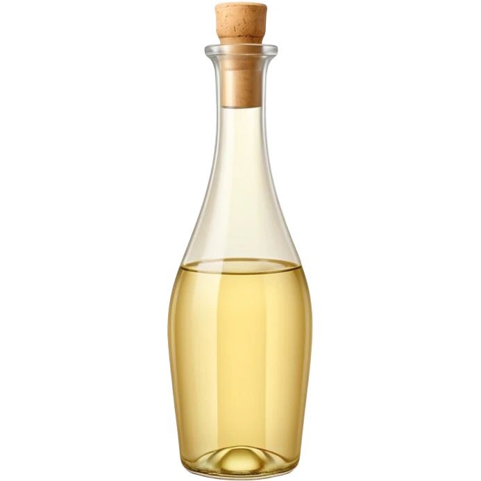 elegant tall glass bottle of white wine vinegar, pale golden clear liquid, smooth curves, narrow neck, light beige cork or cap, no label or branding, soft lighting, subtle shadows, emoji scale emoji