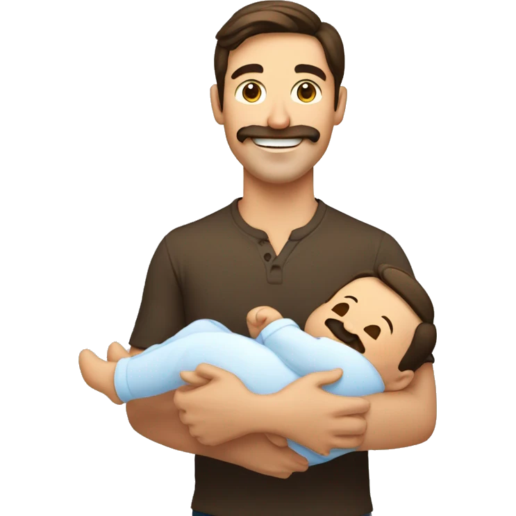 handsome smiling brunette man with mustache holding new baby emoji
