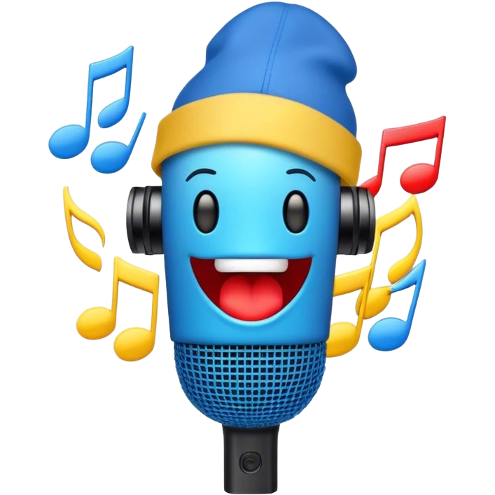 Create a dynamic and energetic emoji that represents beatboxing. The design should feature a microphone with a singing mouth and soundwaves or rhythmic beats emanating from it, symbolizing the vocal percussion and rhythm of beatboxing. Add a cap placed on top of the microphone to reflect street culture and the individuality of the performer. Include musical notes floating around to emphasize the musicality. Use bold, vibrant colors like neon blue, red, and yellow to convey energy and excitement. The background should be transparent. emoji