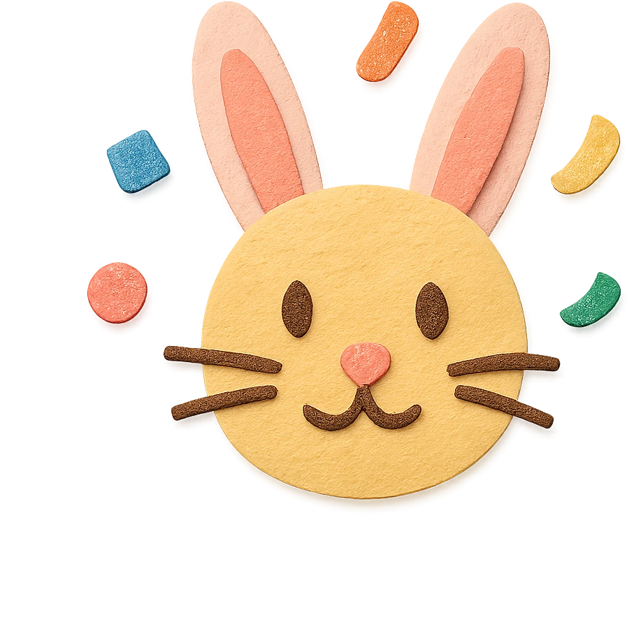 Refine the bunny and confetti edges for a visually good looking and well-shaped appearance, ensure all elements are clean and crisp with a transparent background. No shadow, keep the paper-craft style. emoji