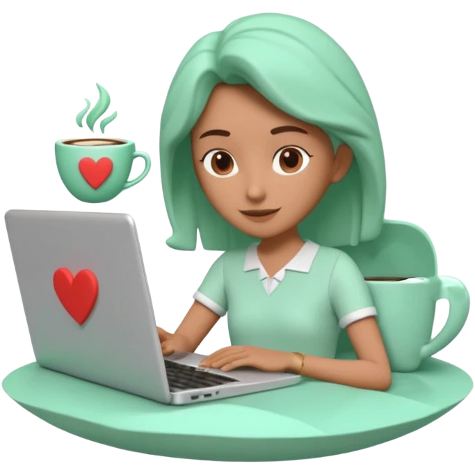 3D clay character relaxed with laptop and coffee, floating icons (envelope, heart, dollar), mint green (#34D399) outfit, coral (#FF7F6B) floating icons, white laptop, Pixar style, transparent background emoji