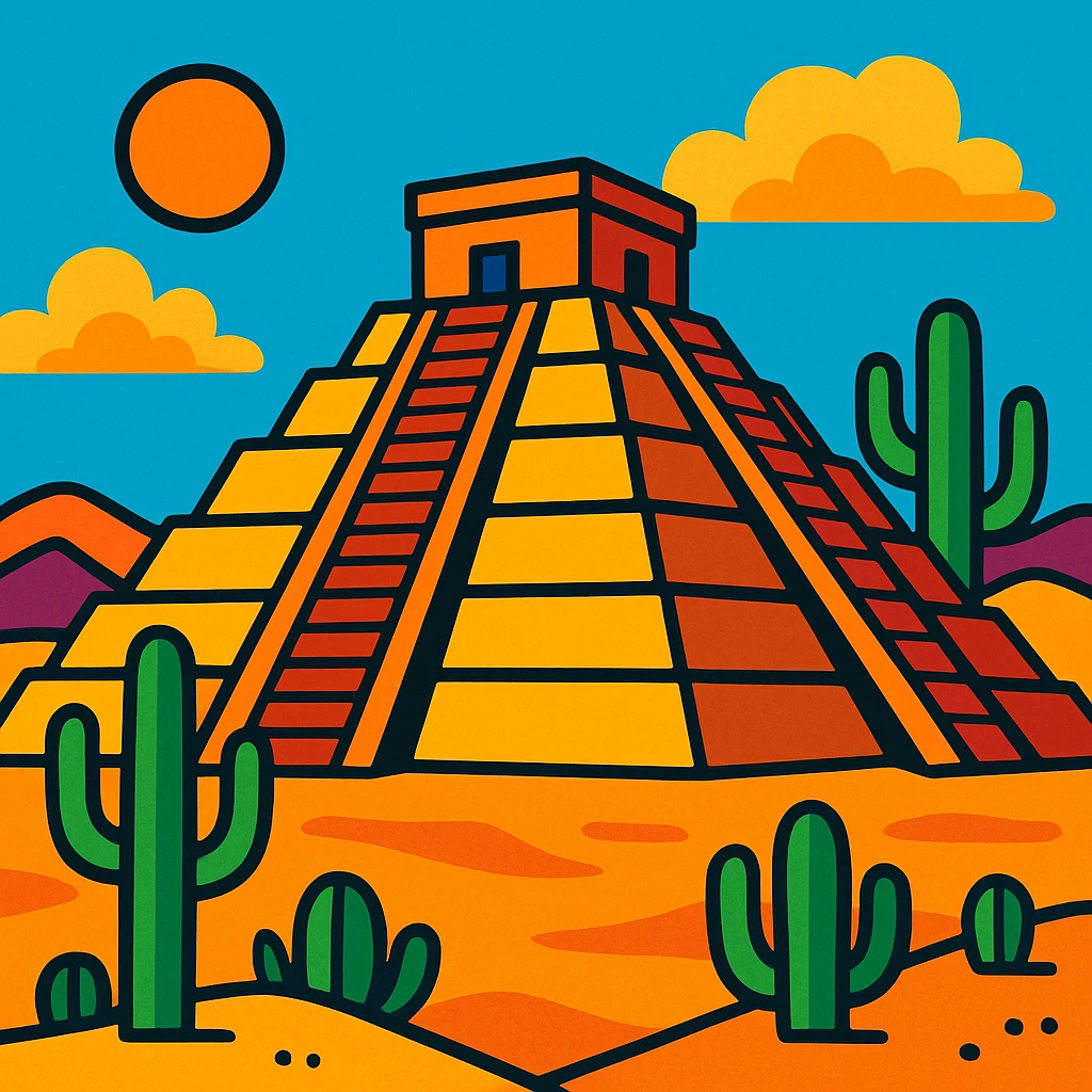 Mexican pyramid with cacti and desert background in vibrant toon style emoji