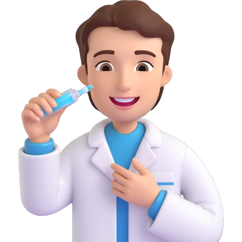 a dentist's hand offering a mouth spray to a patient, with a gentle smile emoji