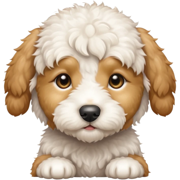 Small white mini goldendoodle puppy with light brown spots around his eyes and ears emoji