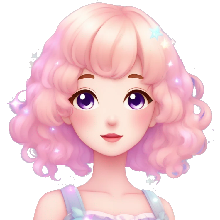 Gorgeous pastel anime style lady blushing nebula-gradient-sparkle face dreamy idol model colorful shiny stars galaxy kawaii cottagecore pearly petite simplistic aesthetic trending style emoji