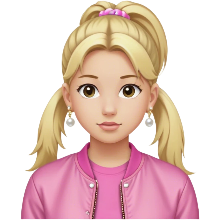 High school white girl with long blonde hair hair tied into a ponytail. Wearing a pink tee shirt with a bomber jacket and pearl stud earrings. She’s also wearing a short, dainty and girly (maybe 16”) gold chain emoji