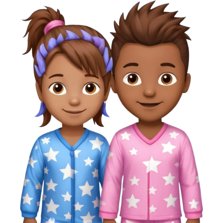 4 year old brown spikey haired boy with blue pajamas with stars on them and a 1 year old brown haired pony tail girl with pink pajamas, and stars on them with light skin. Top left on, can you make them smile more?  emoji