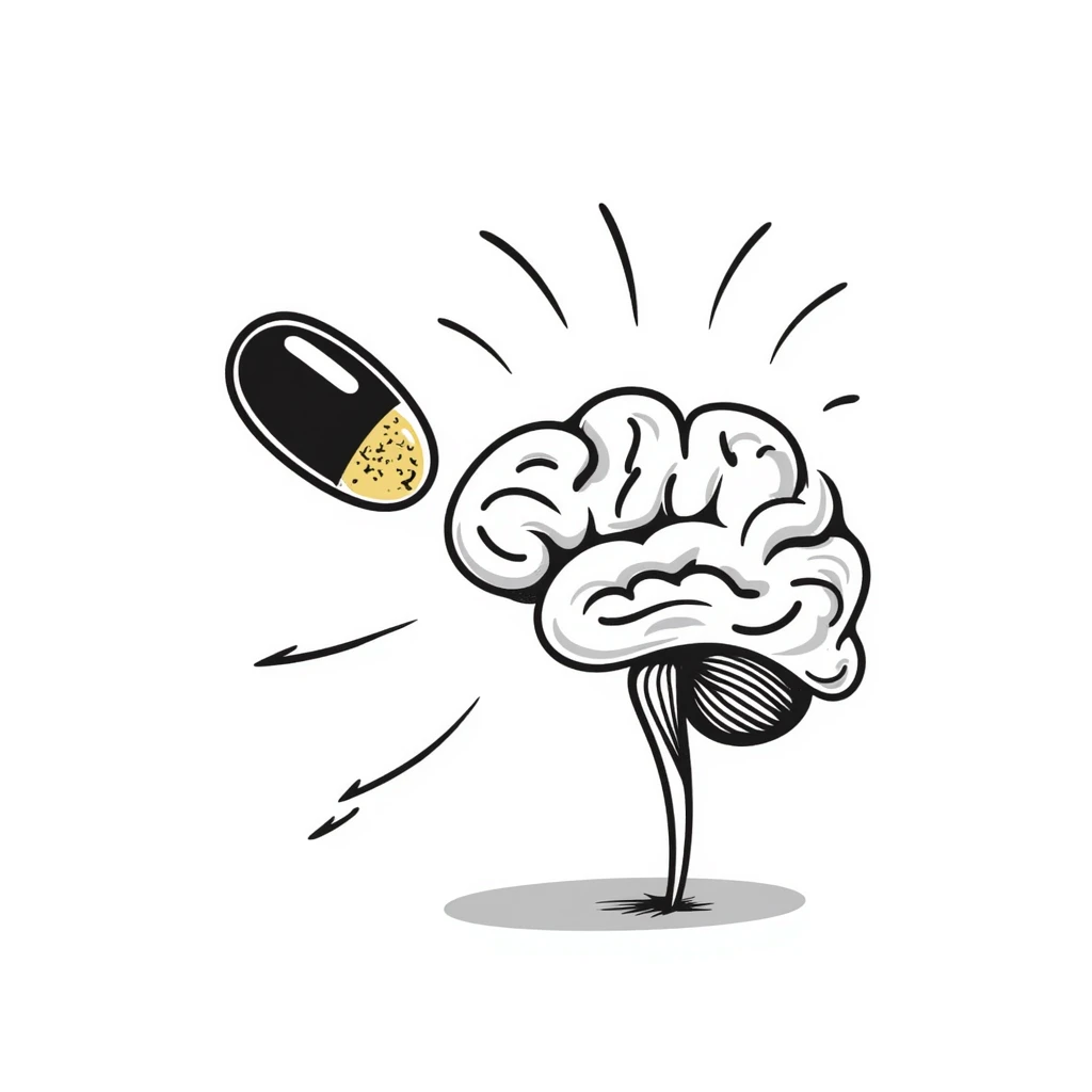 A magical amber capsule floating in front of a brain with fog lifting, showing electrical connections brightening one by one, creating clarity and focus. The brain becomes sharper and more defined. emoji
