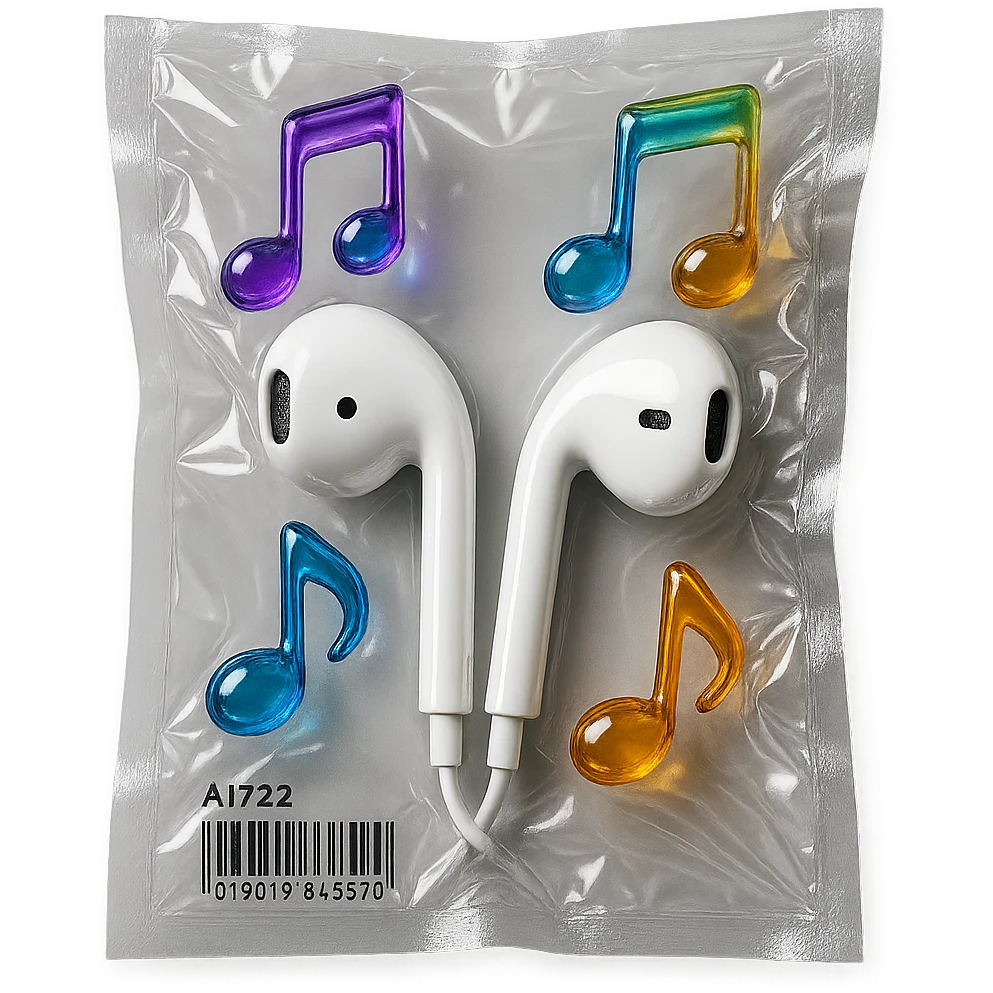 pair of white EarPods with exactly three floating multicolored glassy music notes, shiny and inflated emoji