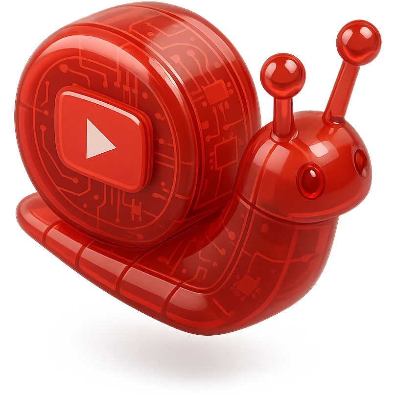 red robot snail with YouTube play button, glossy circuit style emoji