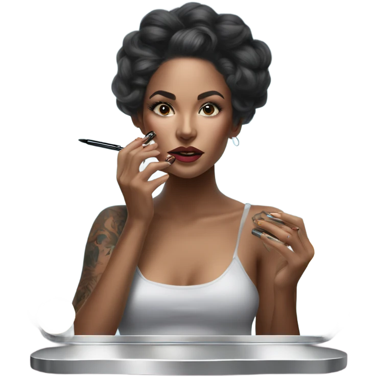 Hyper Realistic Beautiful lightly tattooed woman applying make-up in a mirror  emoji