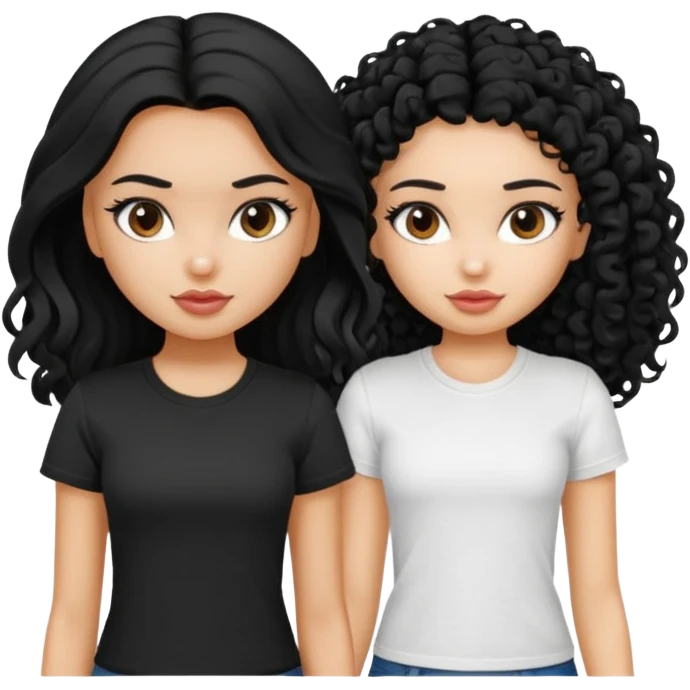 2 pretty bratz fair girls. One has straight black hair and is tan, wearing a white tshirt. One is fair with curly black hair, wearing a black tshirt  emoji