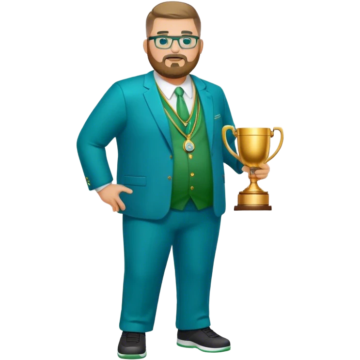 full body white obese male basketball coach with trophy. Goatee beard , Wearing glasses and blue and green suit emoji