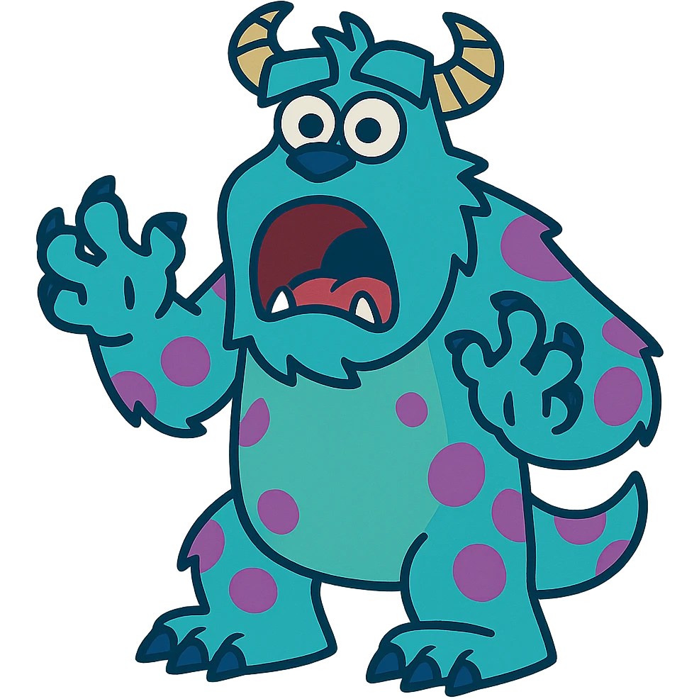 James P. Sullivan Sulley from Monsters Inc, surprised expression, mouth open, blue fur, purple spots, cartoon emoji