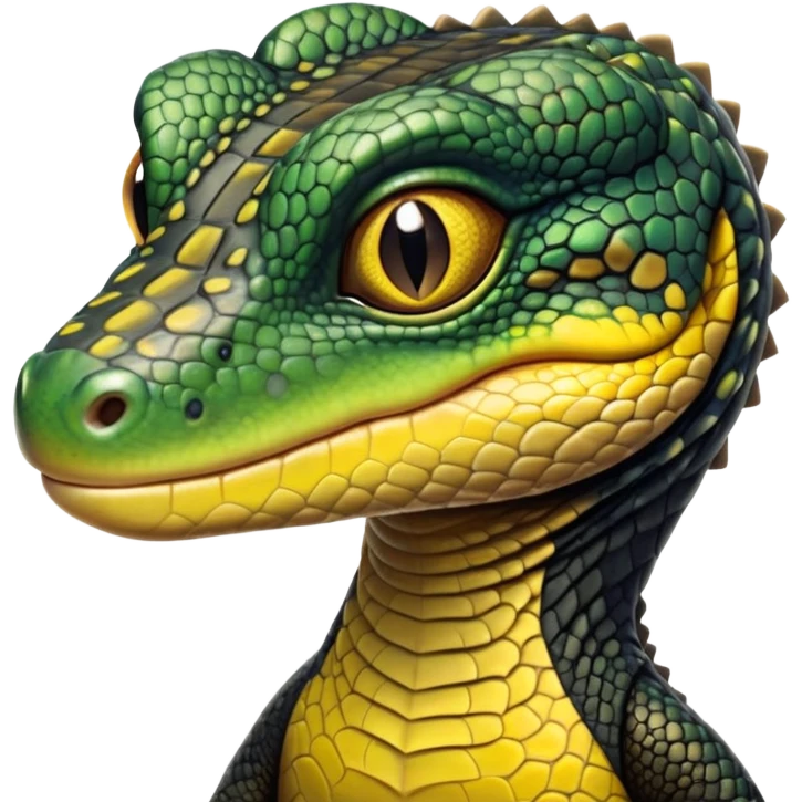 cinematic-realistic-cute-monitor-lizard-portrait-emoji,-head-tilted-playfully-and-inquisitively,-featuring-a-compact,-agile-body-with-finely-detailed,-glossy-scales-in-earthy-black and yellow-hues-and-a-distinct,-alert-face-with-bright,-curious-eyes, black , yellow spotted and green band  scales emoji