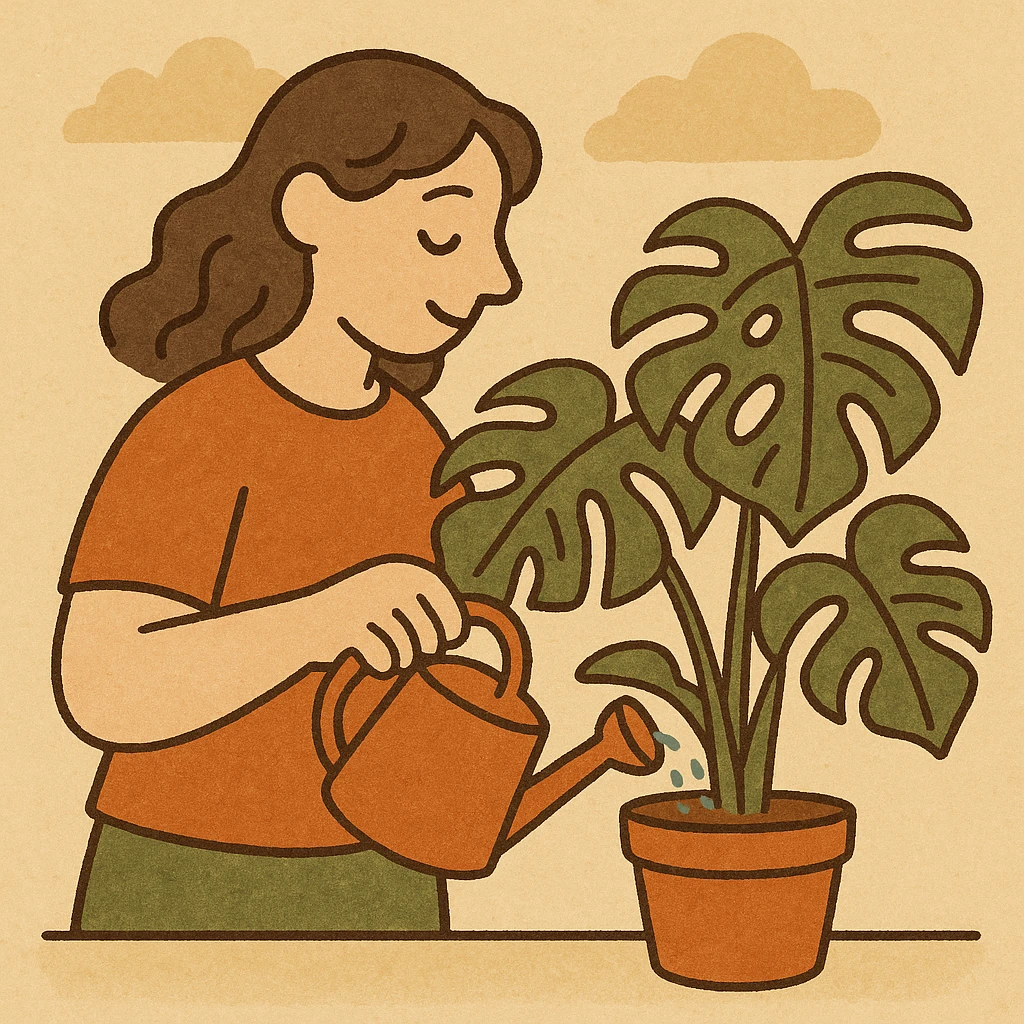 woman watering her monstera plant emoji
