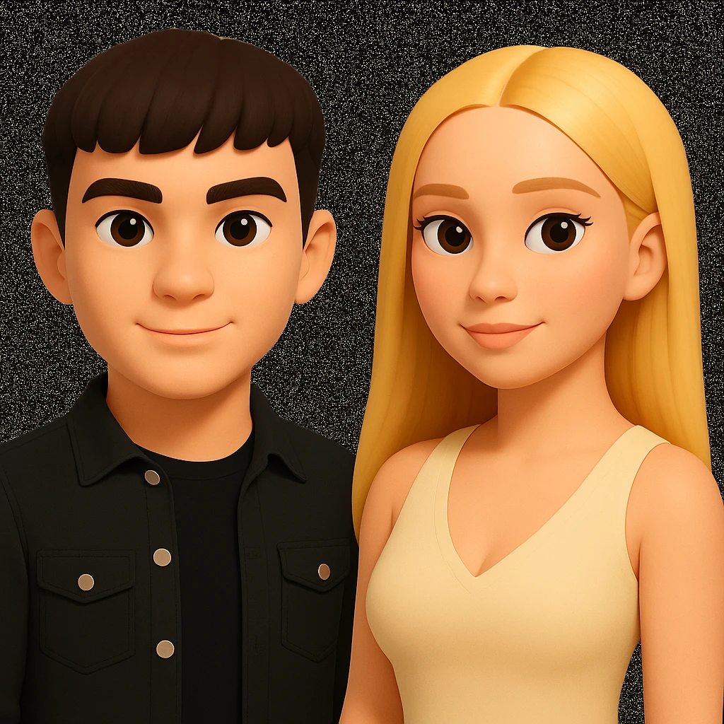 Slightly increase the volume of the upper body of the girl, separate the girl and the boy from each other, and make the skin color the same for both characters. Maintain the cartoonish 3D style in the edit. emoji