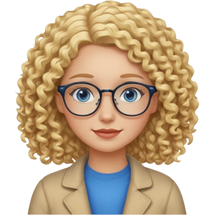 Friendly looking white girl with curly, blonde hair, blue eyes, and glasses. emoji