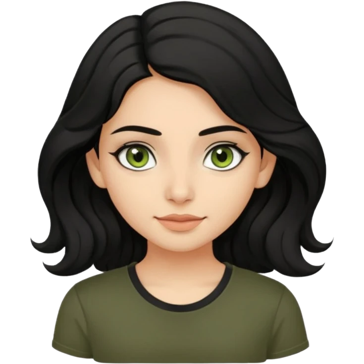 a pretty FAIR indian bratz girl with wavy black hair, wearing a black tshirt. eyeliner on, olive green eyes.  emoji