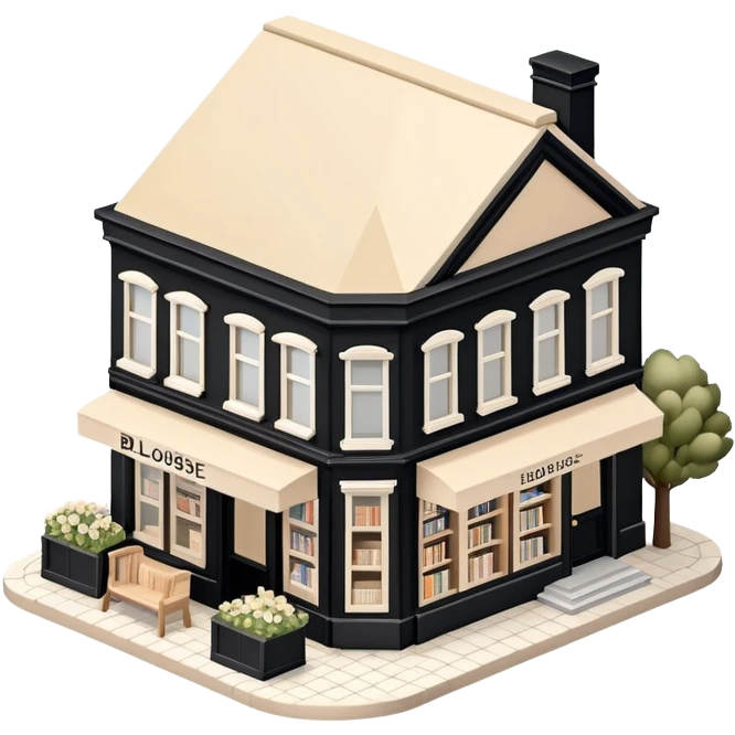 Isometric exterior little black, beige, and white bookstore dollhouse style 3D realistic  emoji