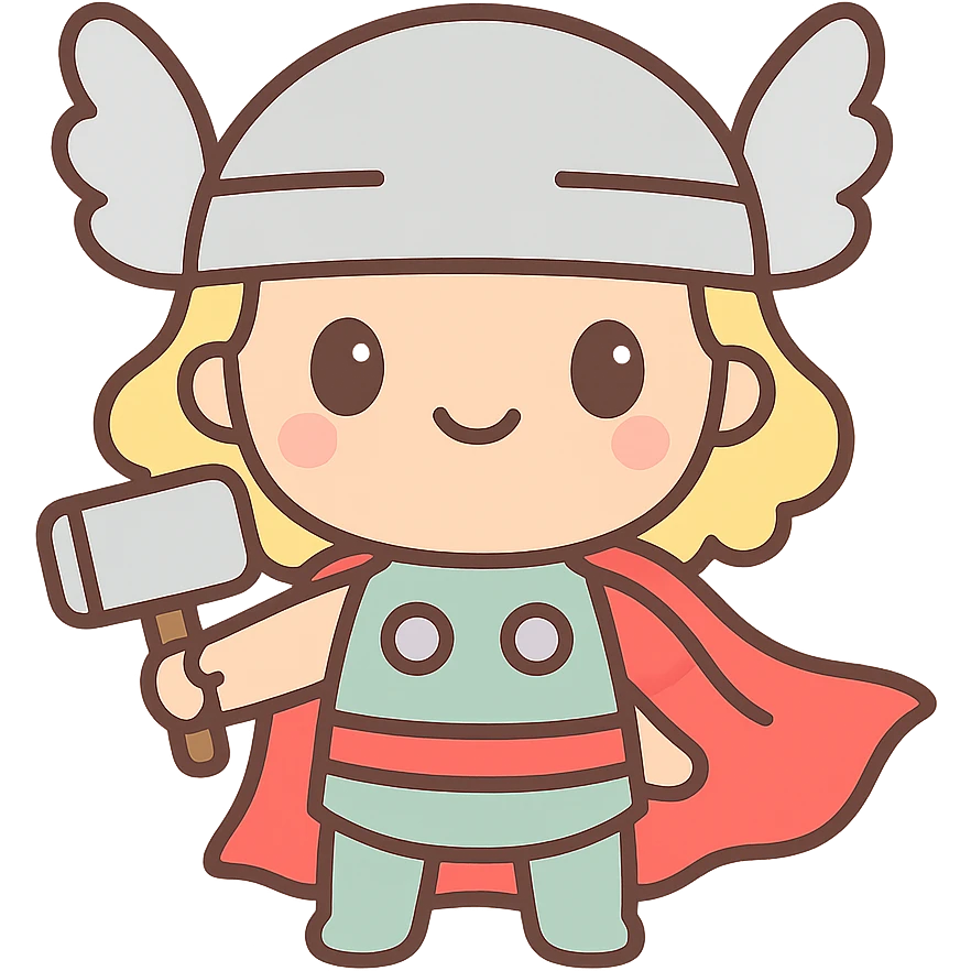 Thor, chibi style, cute and small, with red cape and hammer emoji