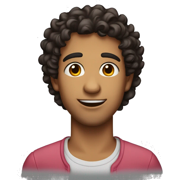 Latino guy, soft brown eyes, dark curly hair, surprised face  , smirking with a rosy cheeks emoji