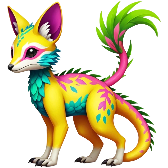 Rare realistic exotic edgy epic cute neon colorful tropical lush vibrant pretty beautiful handsome gorgeous aesthetic colorful vibrant Vernid-Trico-species-Fakemon-creature by LiLaiRa, 4 legs, 1 tail, random markings, (full body) emoji