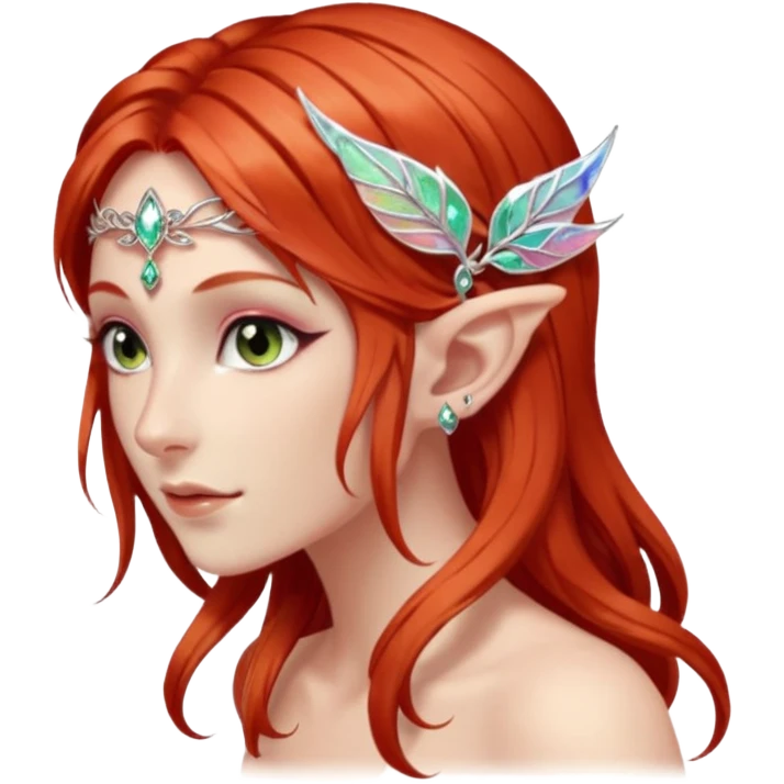portrait of red haired Elvish fae shiny sparkly iridescent translucent diaphanous ear climber ear cuff emoji