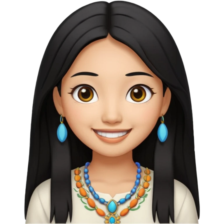 30 yr old asian woman center parted hair big eyes big smile tanned skin straight black hair hippie part hair white blouse emoji