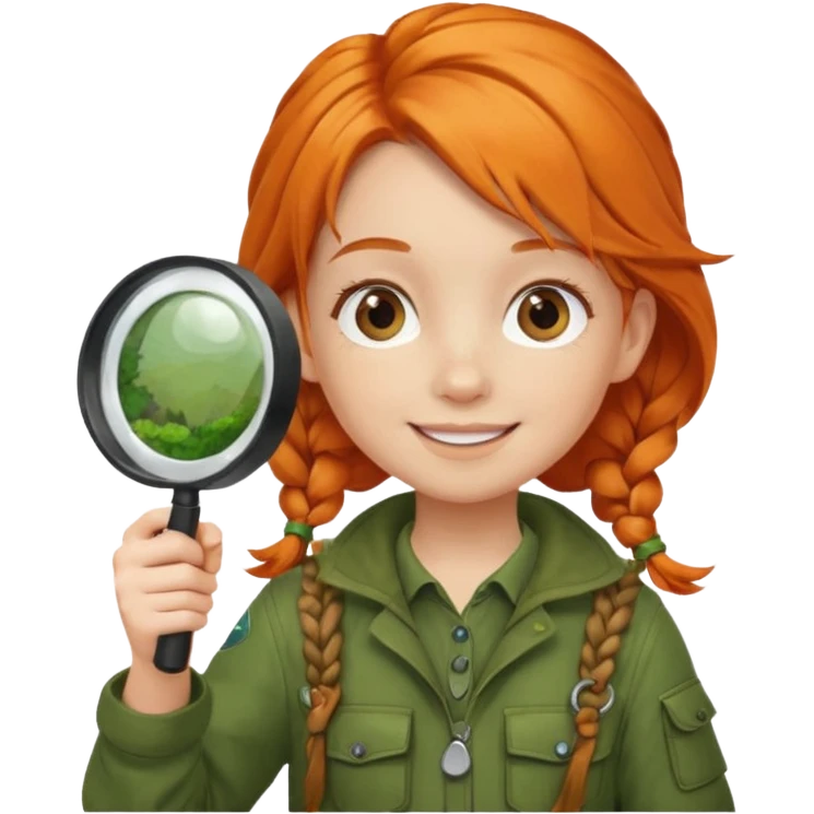 braid orange haired girl kid in moss green explorer outfit, holding magnifying glass, smile emoji