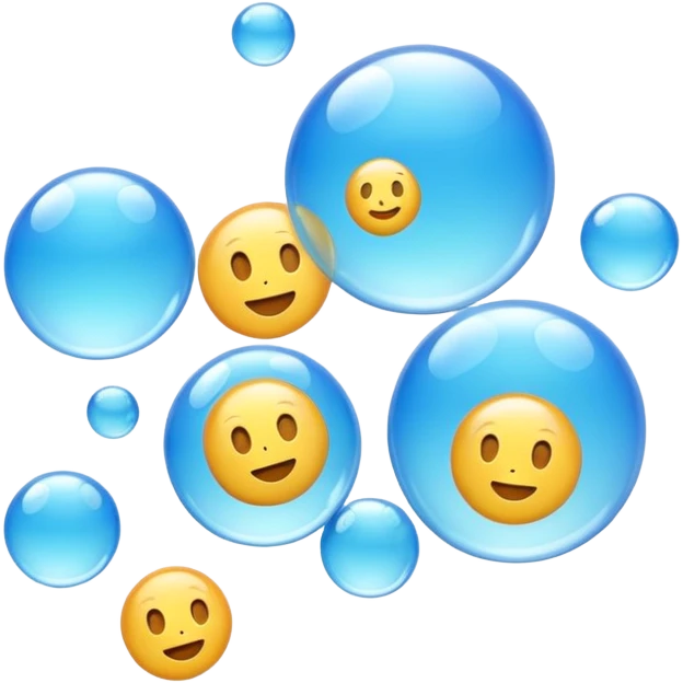3D iPhone style emoji of free-floating bubbles, scattered randomly in the air, translucent and shiny, various sizes, not contained in any circle, isolated on white background, soft shadows, high detail, NO FACE emoji