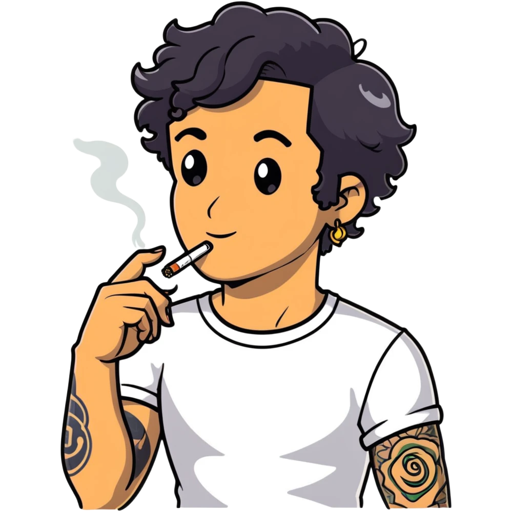 Italian man with tanned skin, curly black hair in short bob style, stubble, olive eyes, gold earring in left ear, white t-shirt, black tattoo on forearm, smoking cigarette emoji
