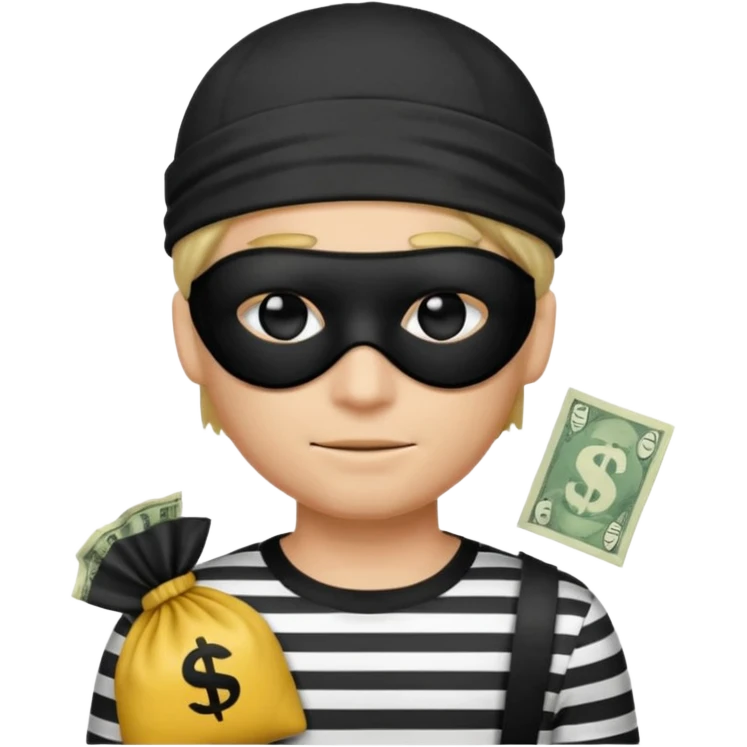 a short ios emoji-style portrait of a classic burglar, a black eye mask (looks like a blindfold) and a black-and-white striped shirt. emoji-like hair, black hat, ONE bag of money 💰 with a dollar sign in a right corner emoji