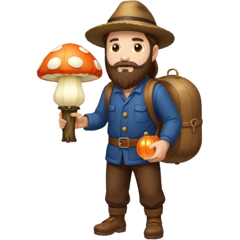 full body man long brown hair brown eyes medium beard white skin carrying glowing mushroom lantern emoji