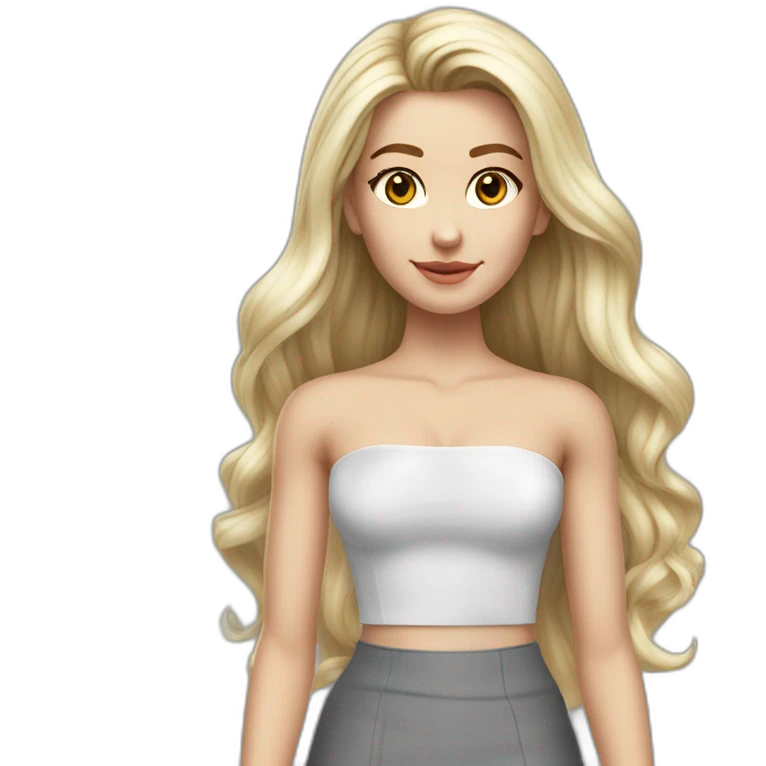 hyperrealist caucasian long hair blonde brown eyes strapless white low cut top gray tight mini skirt black shoes complete body emoji