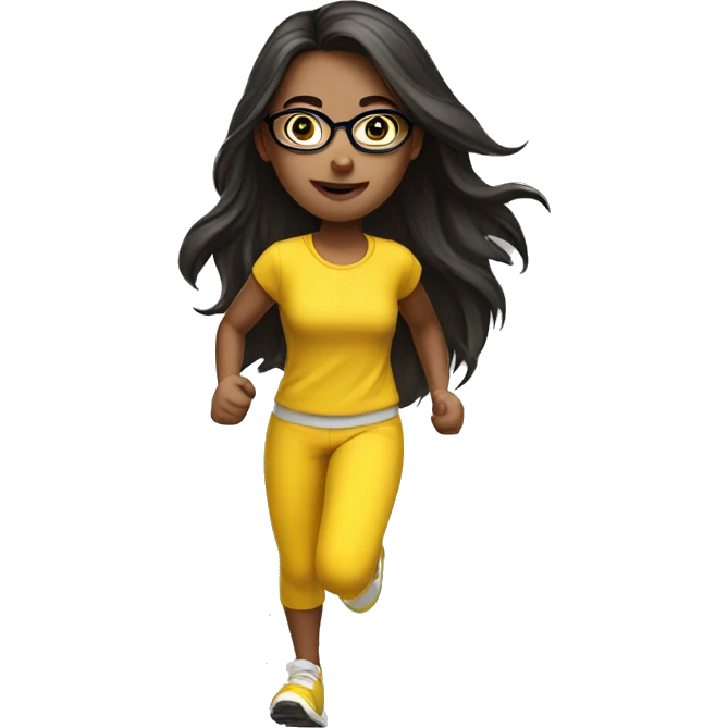Girl running in yellow clothes set long dark hair and glasses  emoji