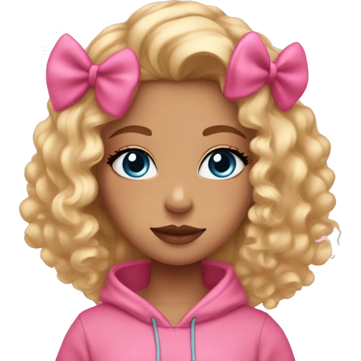 Cute girl with blonde curly hair with a pink bow in her hair and a pink hoodie, blue eyes lip gloss on and long lashes emoji