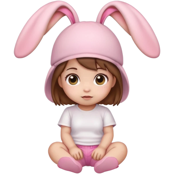 Kawaii baby girl emoji, sitting, brown hair, big eyes, pink bunny ear hat, white t-shirt, pink shorts emoji