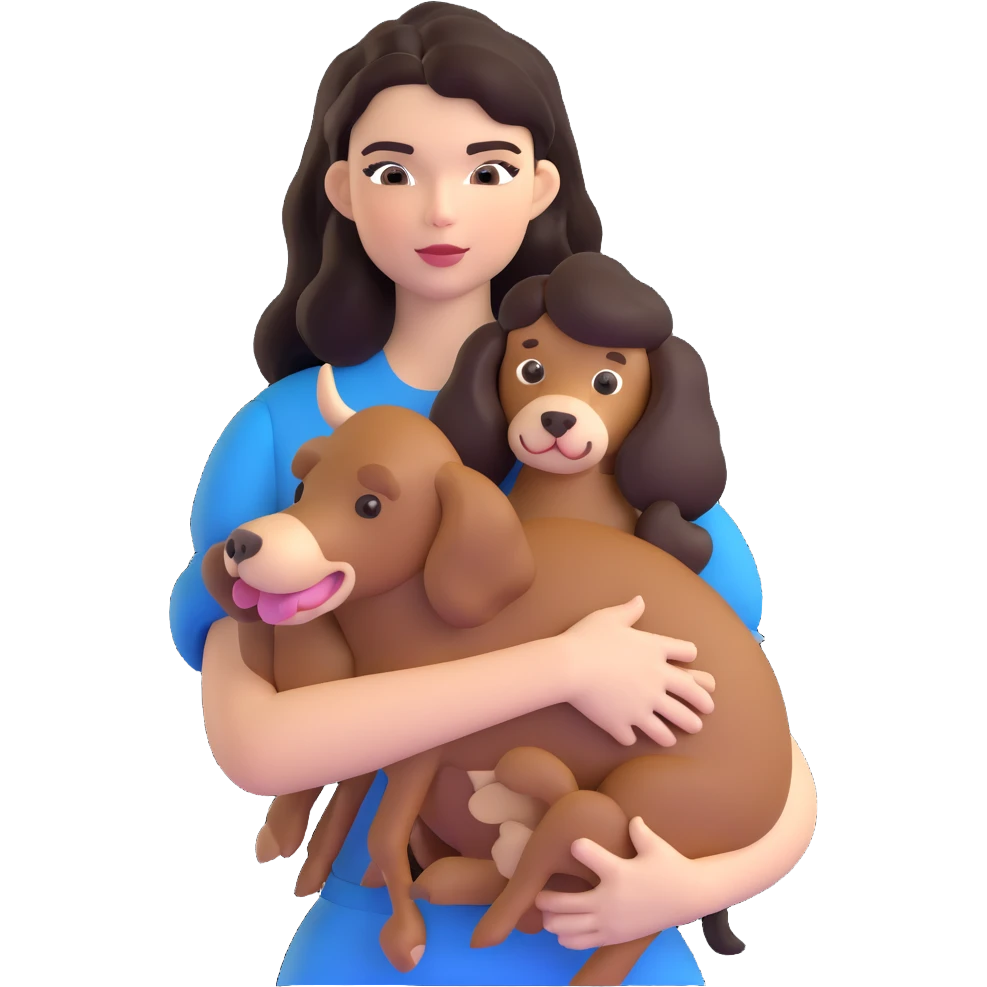 Kendall Jenner with long dark hair holding a brown poodle and a cow cat in her arms emoji