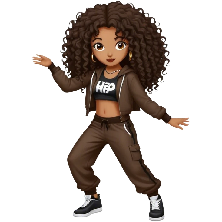 Dancing dark brown girl with long darn brown curly hair hip hop emoji