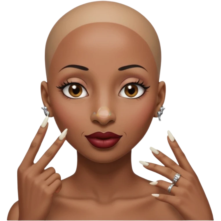 Grown black (proud) woman, bald with a perfect head, a prominent nose with a septum piercing, many piercings on her ears, a gap between her front teeth and very long nails (cynthia erivo) a proud lesbian, with long lashes and her finger tapping her head emoji