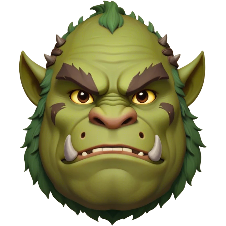 Cinematic Noble Ogre Portrait Emoji, Majestic and imposing, with a rugged, muscular form in deep earthy greens and browns, adorned with battle scars and subtle tribal markings, exuding calm, noble strength and unexpected wisdom, simplified yet strikingly detailed, glowing with a shadowy outline that captures the essence of a gentle giant with fierce heart! emoji