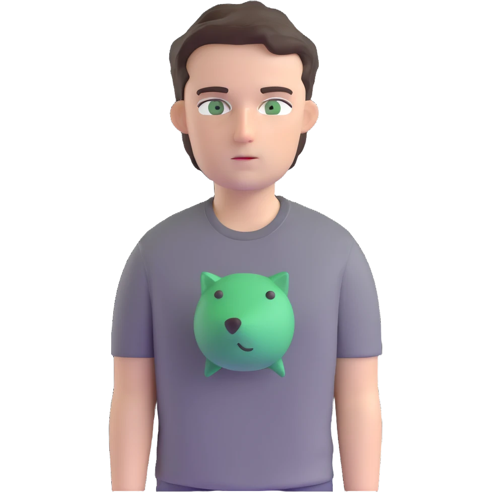 white man with dark messy short hair, dark green eyes, wearing a gray t-shirt emoji