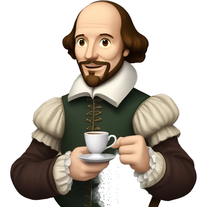 William Shakespeare holds a cup of tea in his hand emoji