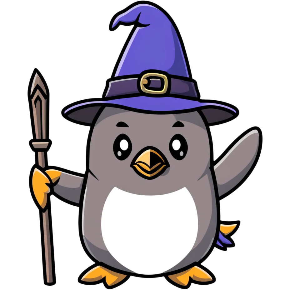 Penguin wizard with magical staff and hat emoji